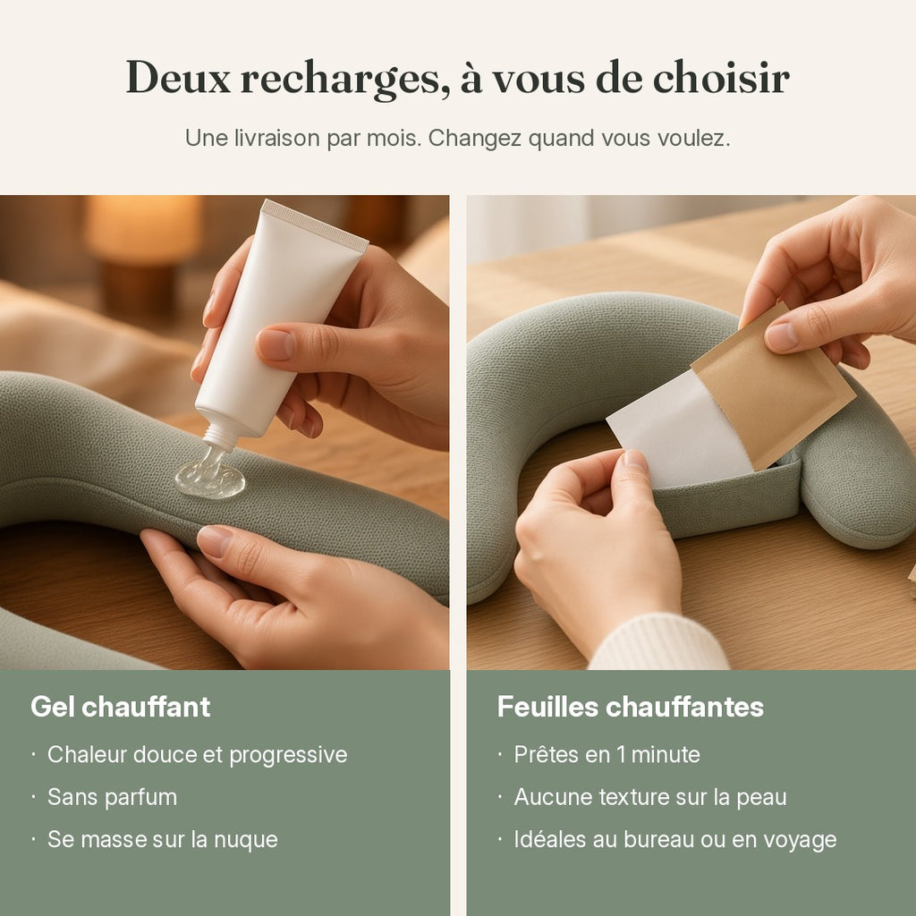 Le col lesté chauffant, avec recharge mensuelle au choix : gel et feuilles chauffantes